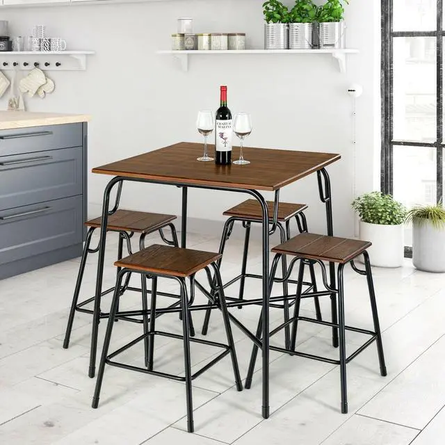 Alt view image 7 of 7 - SlickBlue 5 Pieces Bar Table Set with 4 Counter Height Backless Stools-Rustic Brown