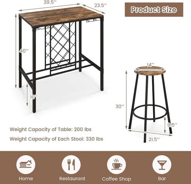 Alt view image 2 of 7 - SlickBlue 5 Pieces Bar Table and Stools Set with Wine Rack and Glass Holder-Rustic Brown
