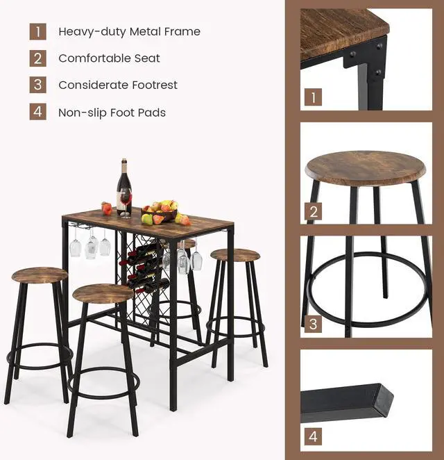 Alt view image 5 of 7 - SlickBlue 5 Pieces Bar Table and Stools Set with Wine Rack and Glass Holder-Rustic Brown
