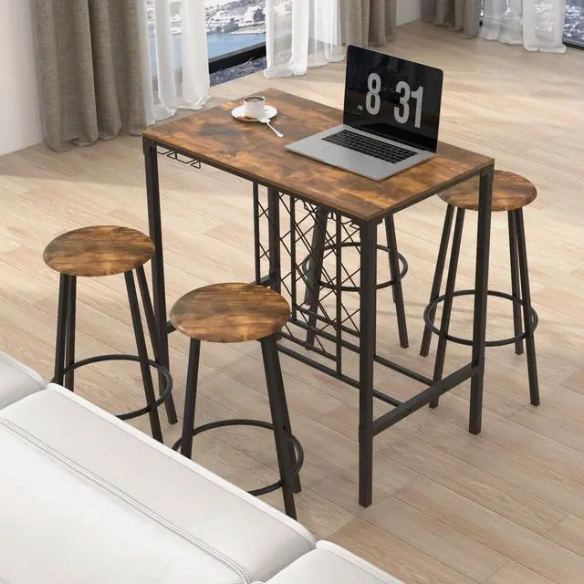 Alt view image 3 of 7 - SlickBlue 5 Pieces Bar Table and Stools Set with Wine Rack and Glass Holder-Rustic Brown