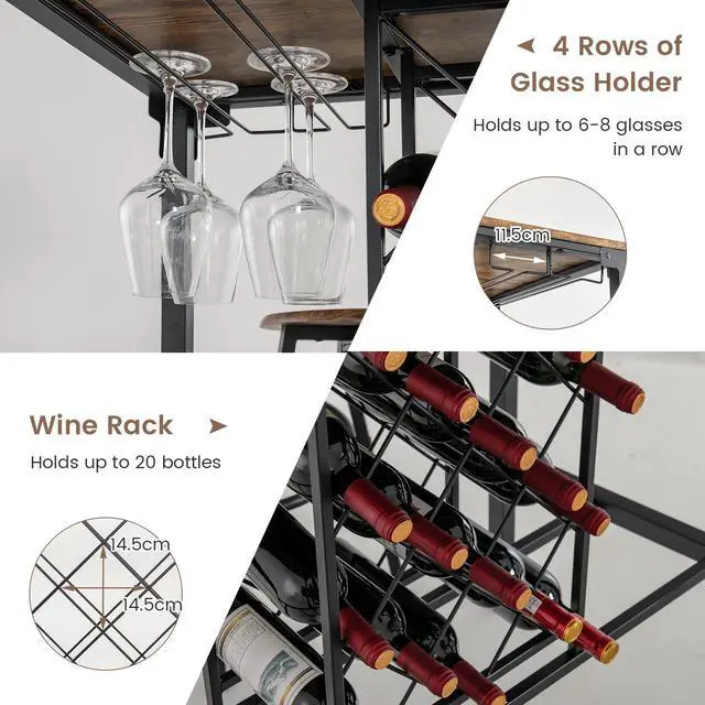Alt view image 7 of 7 - SlickBlue 5 Pieces Bar Table and Stools Set with Wine Rack and Glass Holder-Rustic Brown