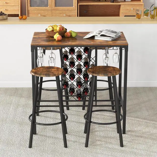 Alt view image 4 of 7 - SlickBlue 5 Pieces Bar Table and Stools Set with Wine Rack and Glass Holder-Rustic Brown