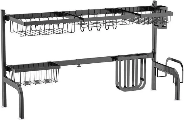 Main image of SlickBlue 2 Tier Adjustable Over Sink Dish Drying Rack with 8 Hooks