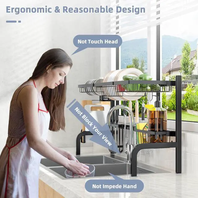 Alt view image 3 of 7 - SlickBlue 2 Tier Adjustable Over Sink Dish Drying Rack with 8 Hooks