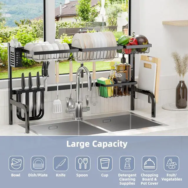 Alt view image 4 of 7 - SlickBlue 2 Tier Adjustable Over Sink Dish Drying Rack with 8 Hooks