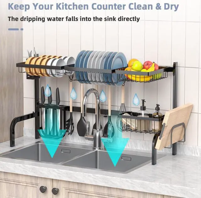 Alt view image 7 of 7 - SlickBlue 2 Tier Adjustable Over Sink Dish Drying Rack with 8 Hooks