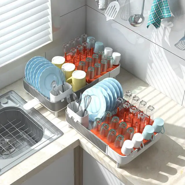 Alt view image 2 of 7 - SlickBlue Expandable Dish Drying Rack Adjustable Dual-Part Dish Drainer with Detachable Utensil Holder