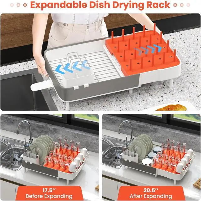 Alt view image 7 of 7 - SlickBlue Expandable Dish Drying Rack Adjustable Dual-Part Dish Drainer with Detachable Utensil Holder