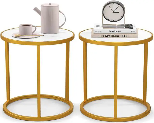 Alt view image 2 of 7 - SlickBlue Marble Top Round Side Table 16-Inch End Table with Golden Metal Frame-2 Pieces