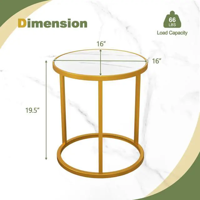Alt view image 3 of 7 - SlickBlue Marble Top Round Side Table 16-Inch End Table with Golden Metal Frame-2 Pieces