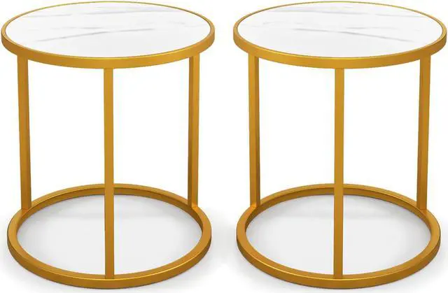 Main image of SlickBlue Marble Top Round Side Table 16-Inch End Table with Golden Metal Frame-2 Pieces