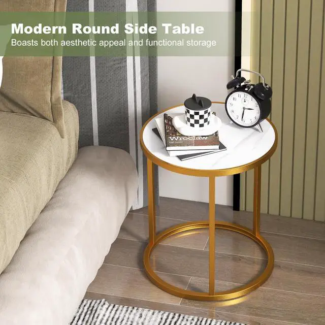 Alt view image 6 of 7 - SlickBlue Marble Top Round Side Table 16-Inch End Table with Golden Metal Frame-2 Pieces