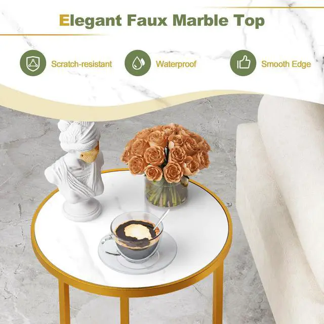 Alt view image 7 of 7 - SlickBlue Marble Top Round Side Table 16-Inch End Table with Golden Metal Frame-2 Pieces