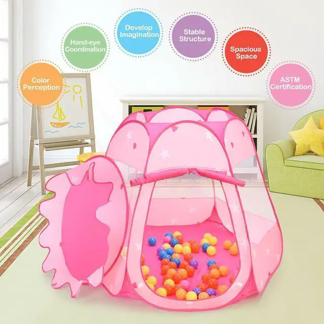 Alt view image 7 of 7 - SlickBlue Pink Portable Kid Play House Play Tent with 100 Balls