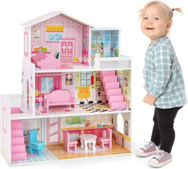 Alt view image 2 of 7 - SlickBlue Kids Wooden Dollhouse Play-set with 5 Simulated Rooms and 10 Pieces of Furniture
