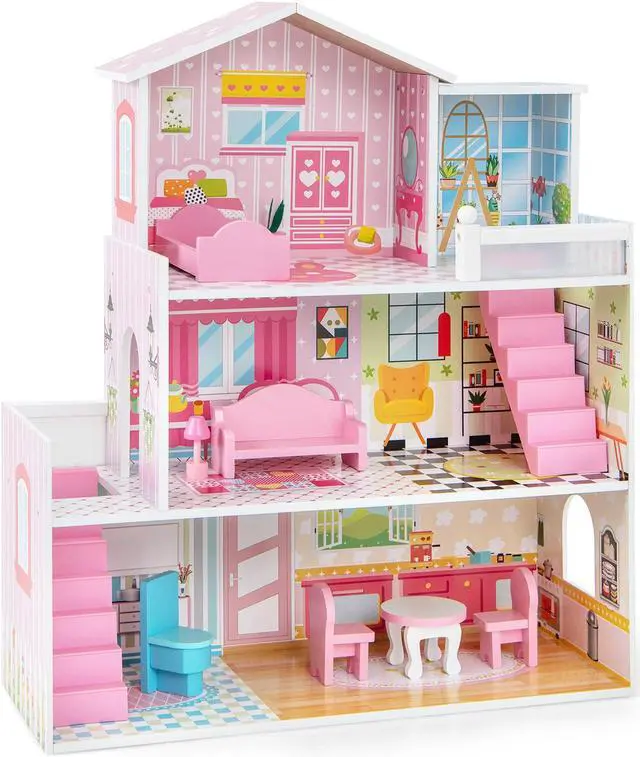 Main image of SlickBlue Kids Wooden Dollhouse Play-set with 5 Simulated Rooms and 10 Pieces of Furniture