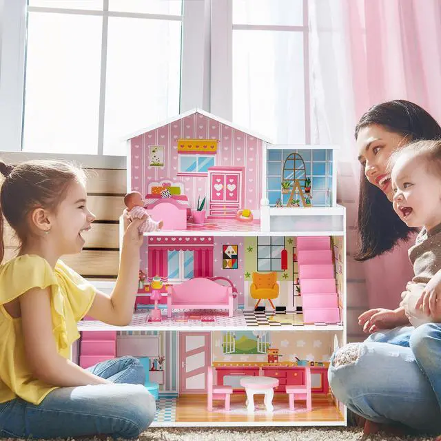 Alt view image 3 of 7 - SlickBlue Kids Wooden Dollhouse Play-set with 5 Simulated Rooms and 10 Pieces of Furniture