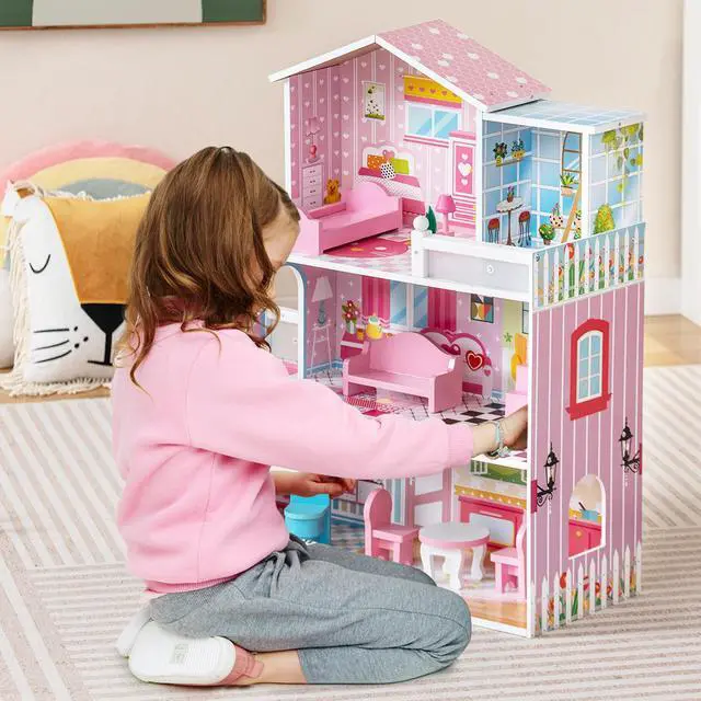 Alt view image 4 of 7 - SlickBlue Kids Wooden Dollhouse Play-set with 5 Simulated Rooms and 10 Pieces of Furniture