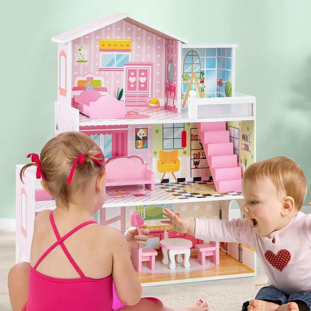 Alt view image 6 of 7 - SlickBlue Kids Wooden Dollhouse Play-set with 5 Simulated Rooms and 10 Pieces of Furniture