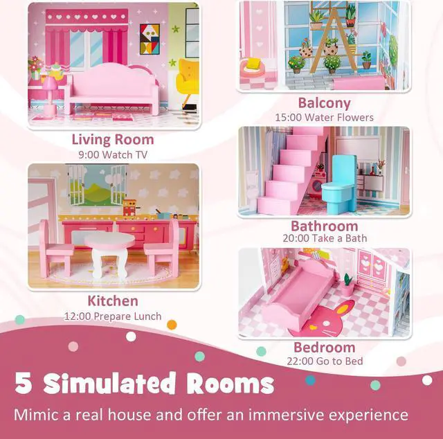 Alt view image 7 of 7 - SlickBlue Kids Wooden Dollhouse Play-set with 5 Simulated Rooms and 10 Pieces of Furniture