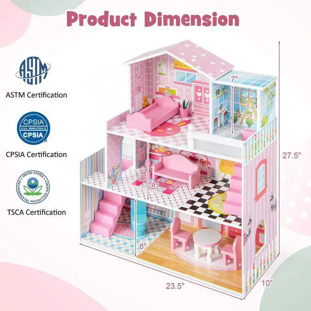 Alt view image 5 of 7 - SlickBlue Kids Wooden Dollhouse Play-set with 5 Simulated Rooms and 10 Pieces of Furniture
