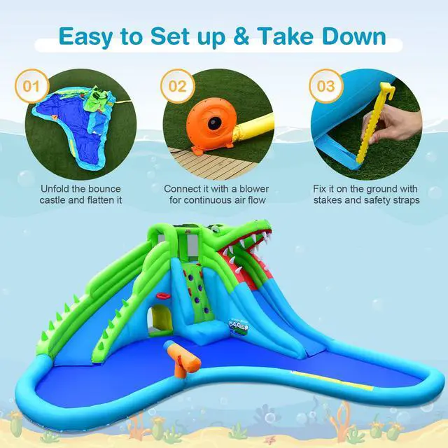 Alt view image 2 of 7 - SlickBlue Inflatable Crocodile Style Water Slide Upgraded Kids Bounce Castle with 780W Blower
