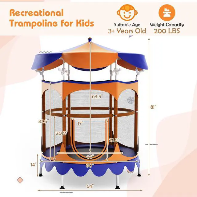 Alt view image 2 of 7 - SlickBlue Kids Trampoline with Detachable Canopy and Safety Enclosure Net