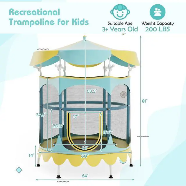Alt view image 2 of 7 - SlickBlue Kids Trampoline with Detachable Canopy and Safety Enclosure Net