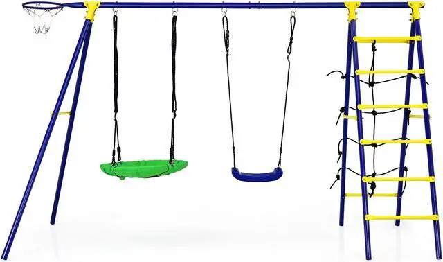 Main image of SlickBlue 5-In-1 Outdoor Kids Swing Set with A-Shaped Metal Frame and Ground Stake