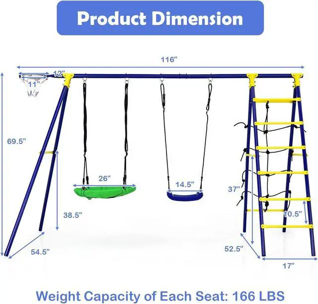 Alt view image 2 of 7 - SlickBlue 5-In-1 Outdoor Kids Swing Set with A-Shaped Metal Frame and Ground Stake