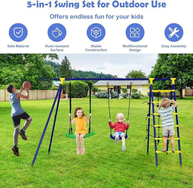 Alt view image 3 of 7 - SlickBlue 5-In-1 Outdoor Kids Swing Set with A-Shaped Metal Frame and Ground Stake