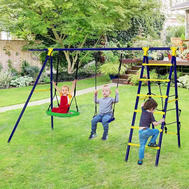 Alt view image 4 of 7 - SlickBlue 5-In-1 Outdoor Kids Swing Set with A-Shaped Metal Frame and Ground Stake
