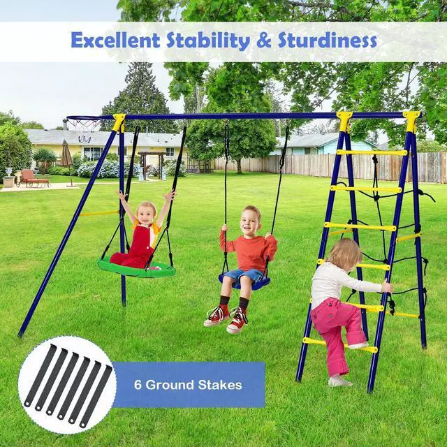 Alt view image 6 of 7 - SlickBlue 5-In-1 Outdoor Kids Swing Set with A-Shaped Metal Frame and Ground Stake