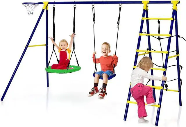 Alt view image 7 of 7 - SlickBlue 5-In-1 Outdoor Kids Swing Set with A-Shaped Metal Frame and Ground Stake