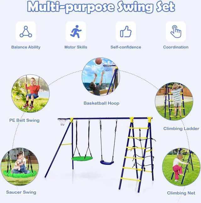Alt view image 5 of 7 - SlickBlue 5-In-1 Outdoor Kids Swing Set with A-Shaped Metal Frame and Ground Stake