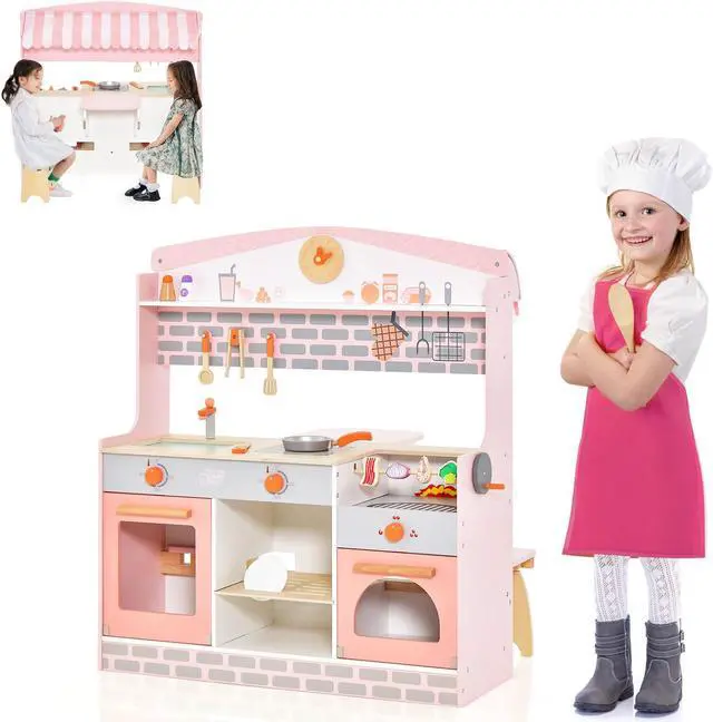 Alt view image 2 of 7 - SlickBlue Double-Sided Kids Play Kitchen Set with Canopy and 2 Seats