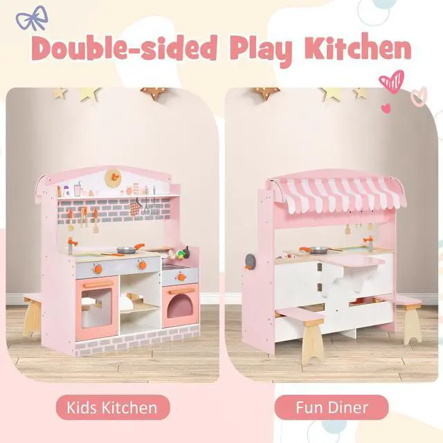 Alt view image 6 of 7 - SlickBlue Double-Sided Kids Play Kitchen Set with Canopy and 2 Seats