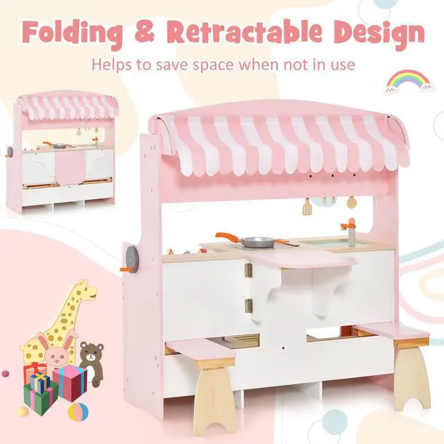 Alt view image 7 of 7 - SlickBlue Double-Sided Kids Play Kitchen Set with Canopy and 2 Seats