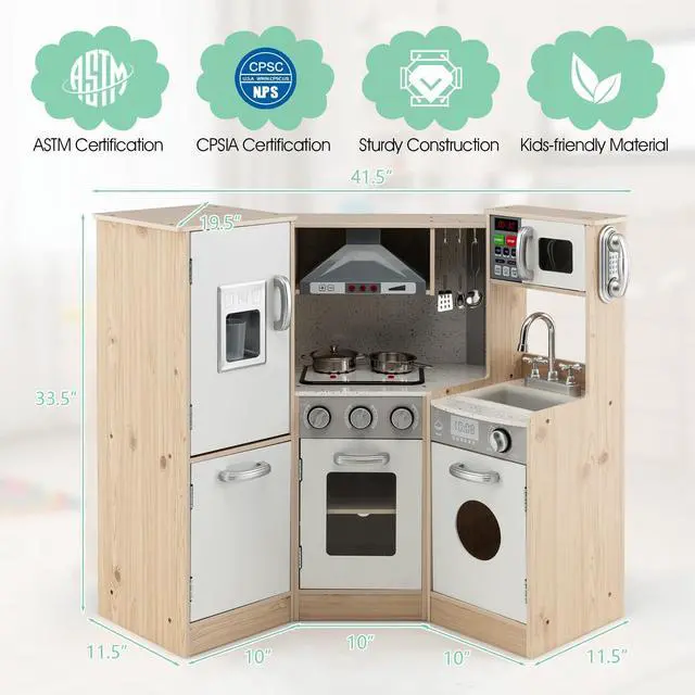 Alt view image 2 of 7 - SlickBlue Kids Corner Wooden Kitchen Playset with Cookware Accessories