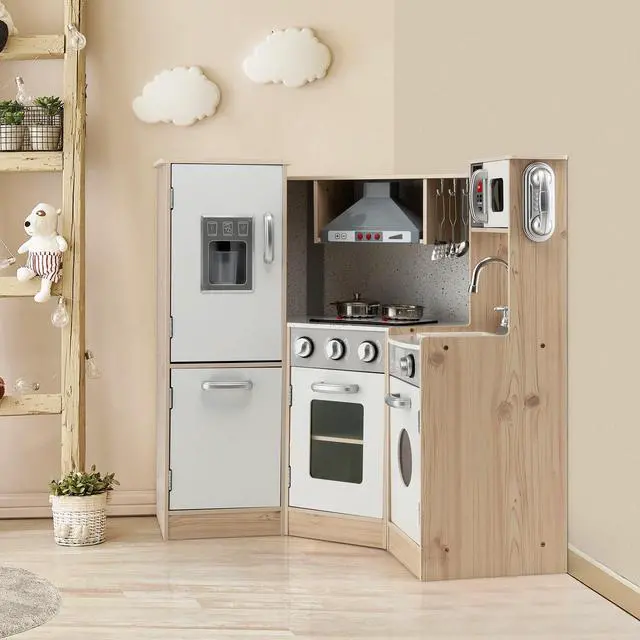 Alt view image 3 of 7 - SlickBlue Kids Corner Wooden Kitchen Playset with Cookware Accessories