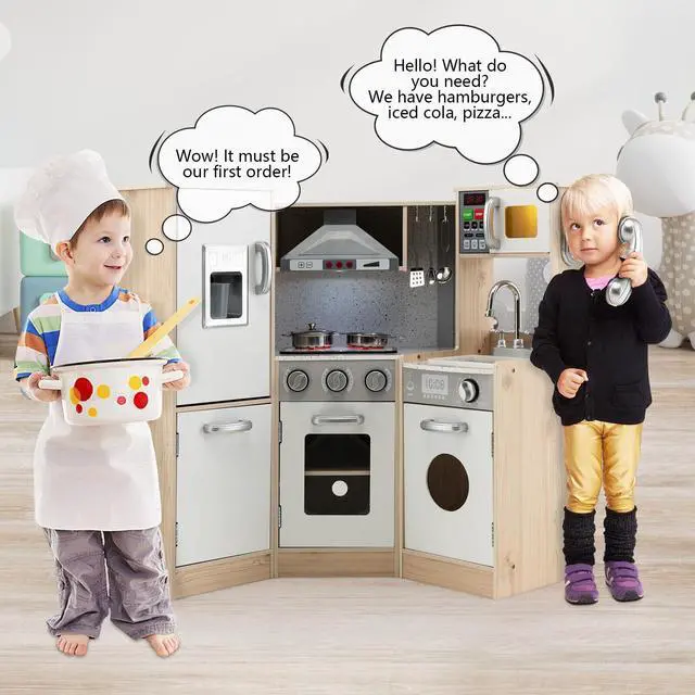 Alt view image 4 of 7 - SlickBlue Kids Corner Wooden Kitchen Playset with Cookware Accessories