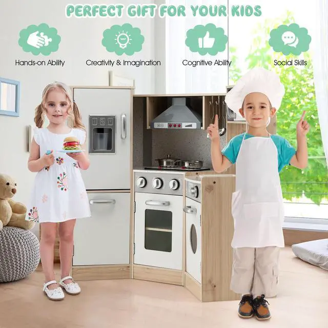 Alt view image 6 of 7 - SlickBlue Kids Corner Wooden Kitchen Playset with Cookware Accessories