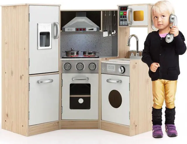 Alt view image 5 of 7 - SlickBlue Kids Corner Wooden Kitchen Playset with Cookware Accessories