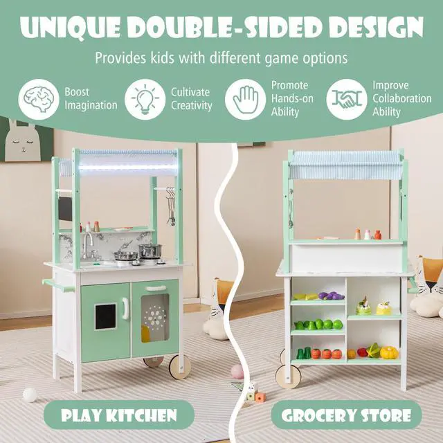 Alt view image 5 of 7 - SlickBlue Double-sided Pretend Play Kitchen with Remote Control and LED Light Bars-Green