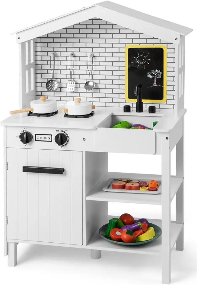 Alt view image 2 of 7 - SlickBlue Kids Wooden Kitchen Play Set with Storage Shelves and Accessories-White