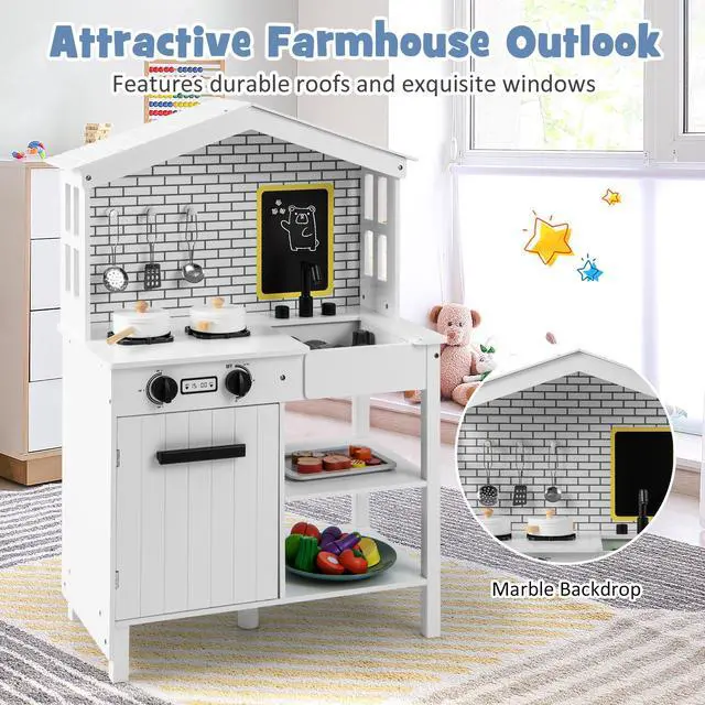 Alt view image 6 of 7 - SlickBlue Kids Wooden Kitchen Play Set with Storage Shelves and Accessories-White