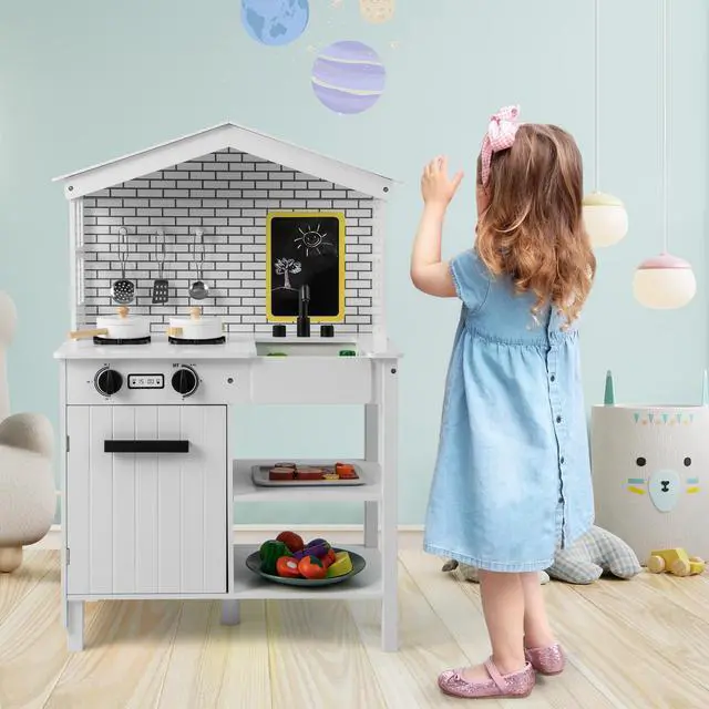Alt view image 3 of 7 - SlickBlue Kids Wooden Kitchen Play Set with Storage Shelves and Accessories-White