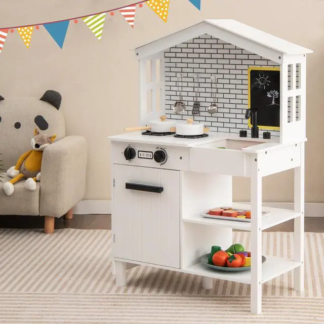 Alt view image 4 of 7 - SlickBlue Kids Wooden Kitchen Play Set with Storage Shelves and Accessories-White