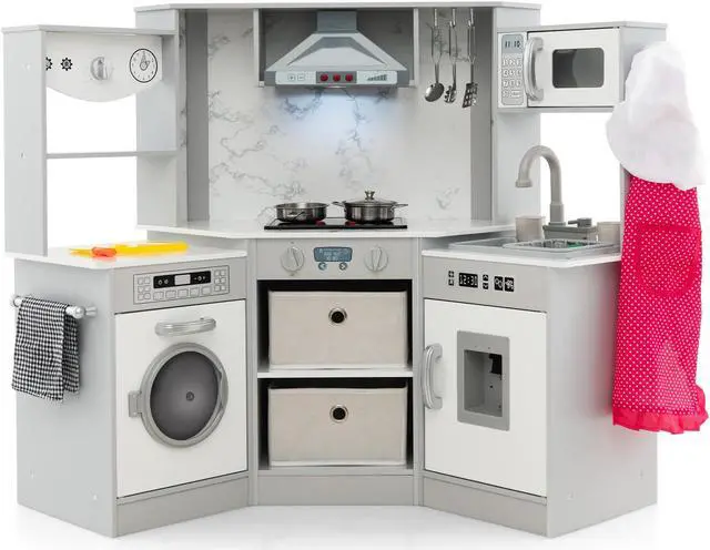 Alt view image 3 of 7 - SlickBlue Wooden Kids Play Kitchen Playset with Realistic Lights and Sounds-Gray