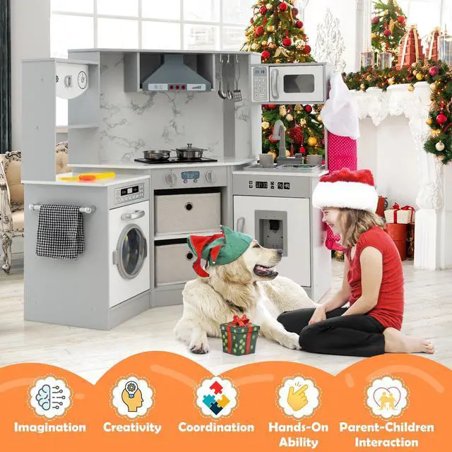 Alt view image 2 of 7 - SlickBlue Wooden Kids Play Kitchen Playset with Realistic Lights and Sounds-Gray